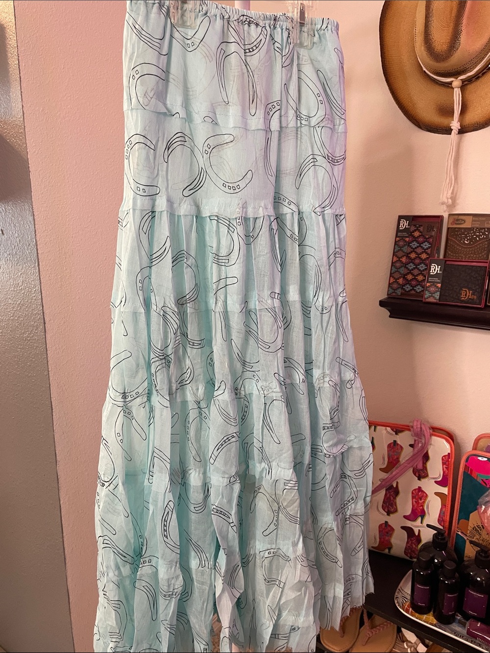 Raj Light Blue Maxi Skirt with Horseshoe Print